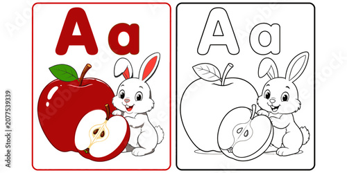 Alphabet coloring book page with rabbit and apple