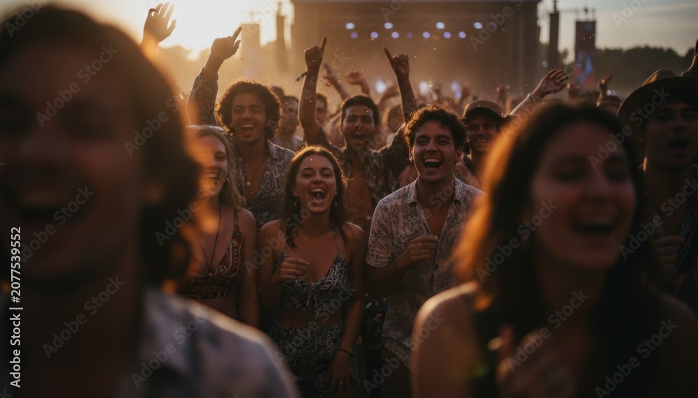 Obraz premium Excited crowd dancing at outdoor summer music festival