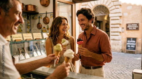 Happy young couple buying Italian gelato ice cream from a local artisan vendor on street