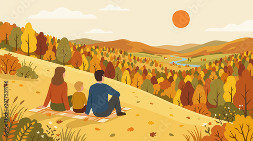 Obraz na płótnie Family sitting on a hillside, enjoying the vibrant autumn landscape view
