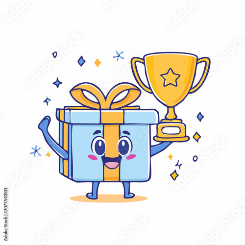A smiling gift box character holding a trophy.