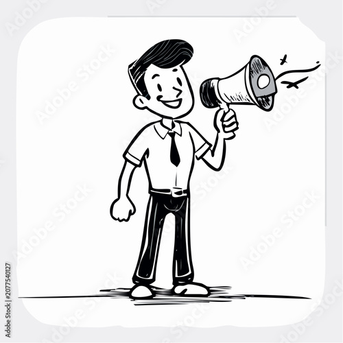 A cartoon man holding a megaphone and smiling.