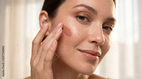 Young Woman Applying Natural Skincare Foundation Cream To Cheek Skin Radiant Glow Healthy Complexion Professional Makeup Routine Beauty Portrait Isolated Against Soft Natural Sunlight, Beauty tips