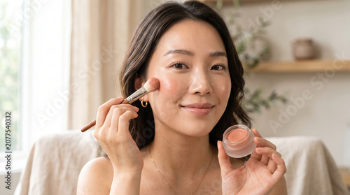 Beautiful Asian Woman Applying Cream Blush With Makeup Brush Professional Cosmetic Routine Tutorial Natural Glow Radiant Skin Care Routine Healthy Lifestyle Beauty Concept, Influencer, Daily Makeup