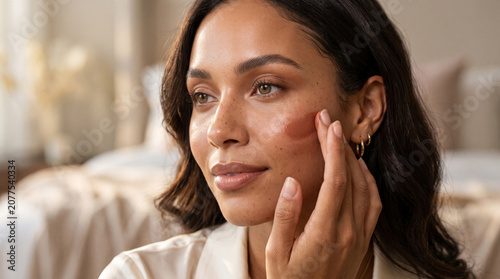 Beautiful Young Woman Applying Creamy Blush To Cheekbone Achieving Radiant Natural Glow Makeup Look Daily Skincare Routine Aesthetic Portrait Soft Lighting Morning Beauty Ritual Luxury Cosmetics Self