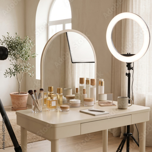 Minimalist Makeup Vanity Setup Neutral Aesthetic Interior Design Beauty Influencer Studio Space Arch Mirror Ring Light Skincare Products Cosmetics Tools Organized Desktop Desk Arrangement