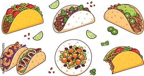 Bild auf Leinwand Tacos cartoon vector illustration set with Mexican street food beef steak chicke