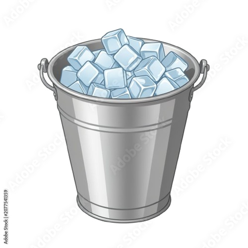 Metal ice bucket filled with ice cubes vector icon