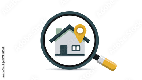 House Under Magnifying Glass with Location Pin Icon