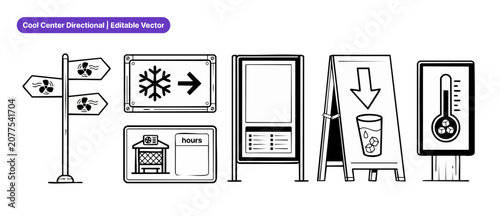 Cooling center signs vector set with directional arrows and symbols for heat relief shelter orientation, featuring line art icons of fans, ice water, cold thermometer, and information kiosks.