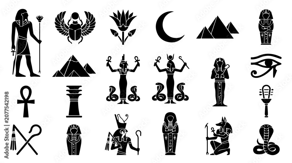 Obraz premium Ancient Egyptian symbol collection featuring gods, pyramids, animals, and sacred icons in black silhouette style on white background