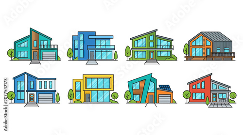 Modern Houses Collection: Diverse Architectural Styles, Colorful Facades, Suburban Homes