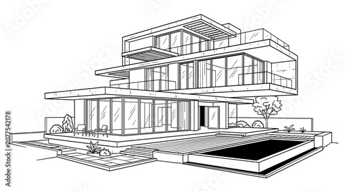 Modern Luxury House Sketch - Contemporary Architecture Design with Pool