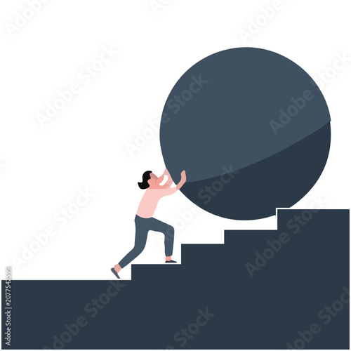 business concept illustration of a determined woman pushing a massive boulder uphill on stairs, symbolizing perseverance, overcoming obstacles, resilience, career growth, ambition, hard work