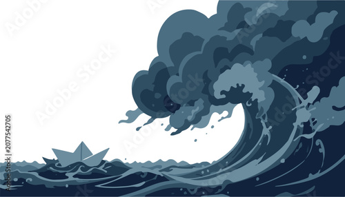 Dramatic flat illustration of a massive ocean wave crashing over rough waters, symbolizing natural disaster, climate change, storm, danger, survival, environmental crisis, extreme weather, flooding