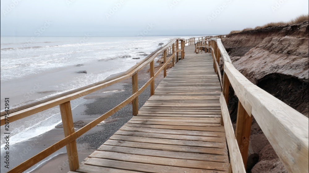 Fototapeta premium Seaside wooden boardwalk along eroded cliffs and calm ocean under overcast sky for background, poster, travel design and coastal landscape concept