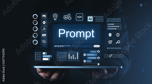 Digital interface with glowing prompt screen held in hands on dark tech background showing futuristic UI elements and data panels for innovation concept.