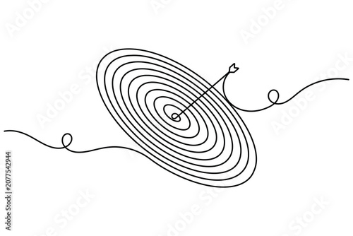 Arrow hitting bullseye on a target icon sign continuous one line drawing on white background minimalist concept of business performance and strategy solution symbol outline vector illustration