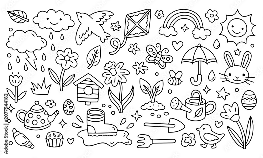 Naklejka premium Sweet black and white spring doodle collection showcasing nature elements, gardening tools, and whimsical weather icons for creative design, coloring pages, and illustrations