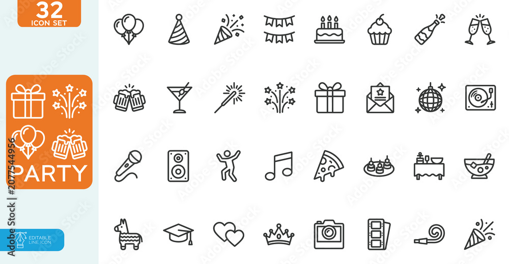 Fototapeta premium Party Vector illustration line editable Icons set. Birthday, dancing, happy new year, week, christmas, event, holidays, carnival, collection. on white background.