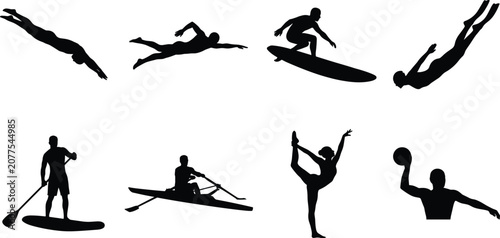 Fotografía Set of aquatic sports silhouettes featuring swimming, diving, surfing, rowing, p