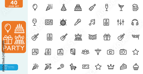 Cuadro en lienzo Party Vector illustration line editable Icons set