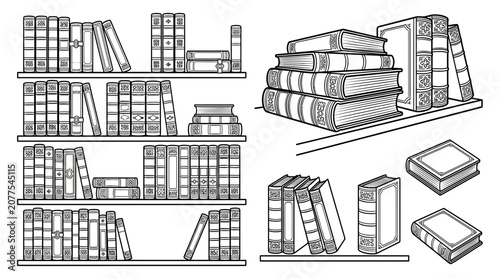 Fotografie Vintage Bookshelf Collection - Antique Library Illustrations