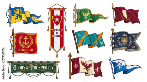 Foto Collection of Decorative Banners and Flags with Symbols and Mottos