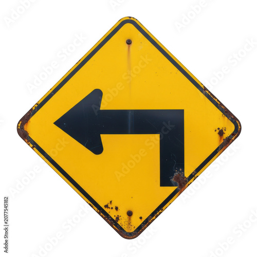 Yellow diamond road sign with left arrow pointing direction