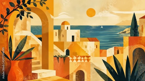 Mediterranean coastal village with sunny seaside architecture overlooking the tranquil blue sea at sunset scene