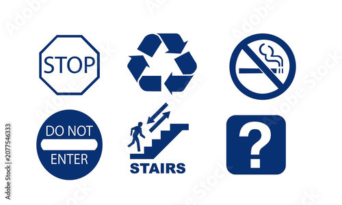 Blue Safety, Warning and Information Sign Icons Set Vector Collection.