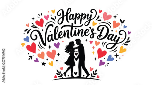 Obraz na płótnie Couple silhouette with valentine s day lettering and heart shaped floral ornamen