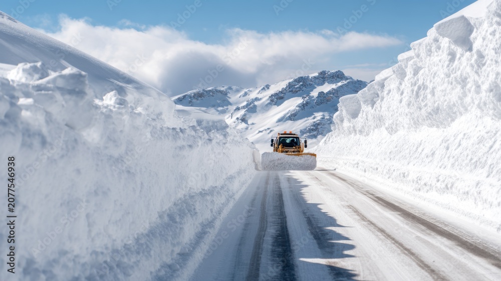 Naklejka premium Snow plow clearing deep mountain pass under blue sky for winter road safety design poster background