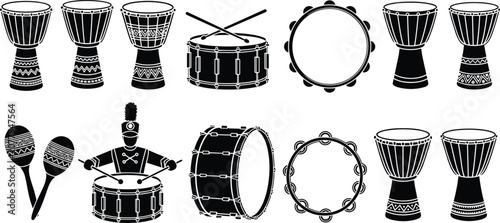 Canvastavla Collection of drum silhouettes including djembe snare tambourine and maracas wit