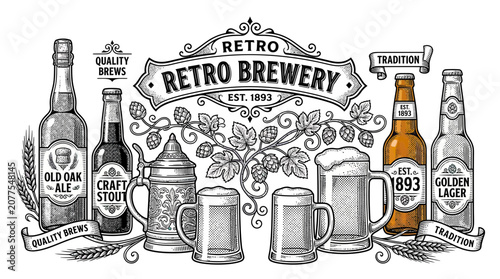 Fotografie Retro Brewery Vintage Illustration: Beer Bottles, Mugs, Hops, and Emblem