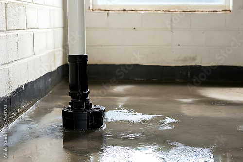 Basement waterproofing system with sump pump operating in standing water.
