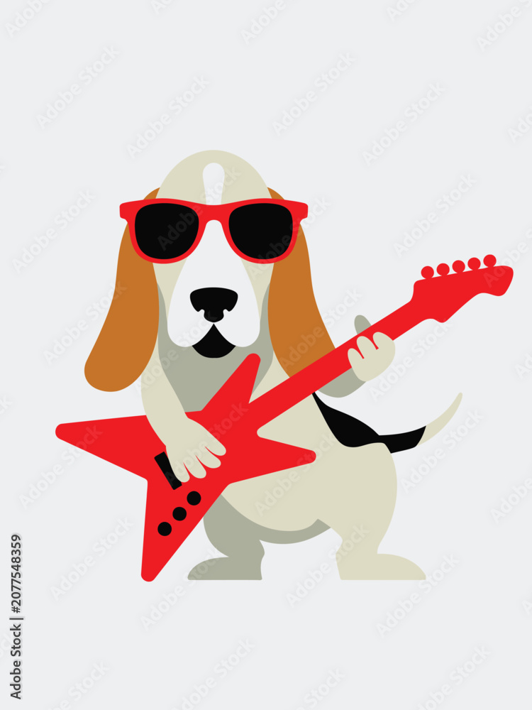 Naklejka premium Adorable beagle dog wearing sunglasses enthusiastically playing a cool red star shaped electric guitar