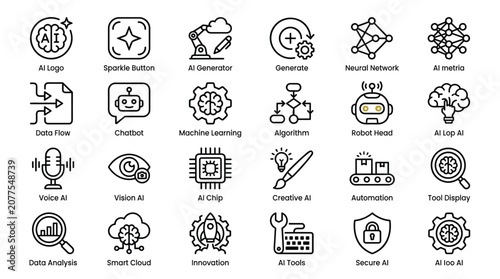 Artificial intelligence line icons set, collection of vector illustration, ai logo, sparkle button, ai generator, generate, neural network, ai metria, data flow, chatbot, machine learning.
