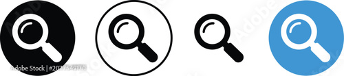 Magnifying Glass Icon Set Featuring Solid, Outline, Circle, and Blue Button Variations