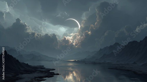 Celestial Event Over Serene Landscape: A dramatic solar eclipse unfolds in a cloudy sky, casting an ethereal glow over a tranquil river and rugged mountains.