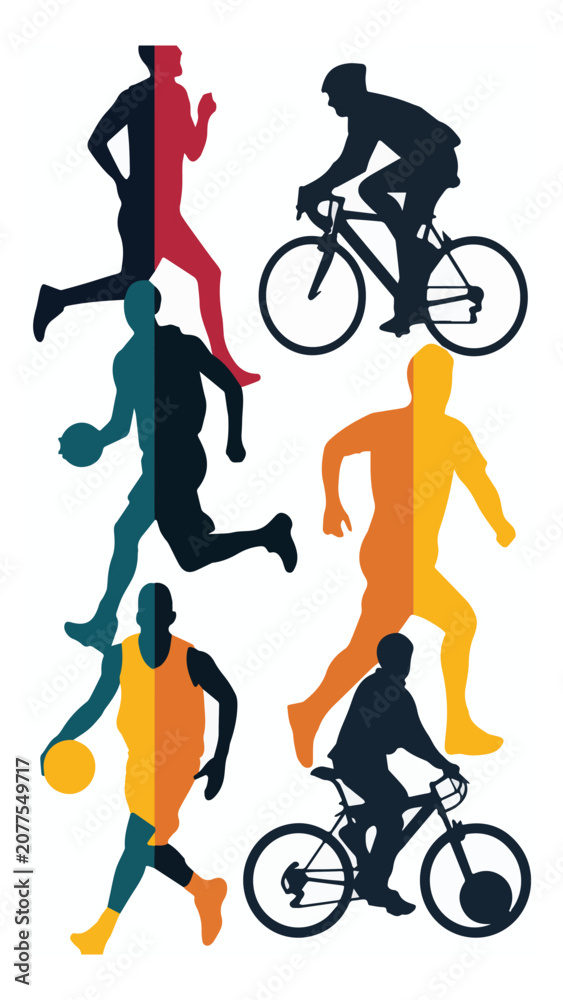 Obraz premium Dynamic Sports Collage Featuring Running Cycling and Soccer Illustrations