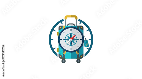 Travel suitcase with compass and clock icon flat design