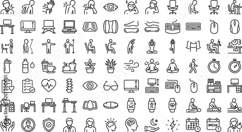 Foto Ergonomics and workplace wellness line icon set featuring posture correction off