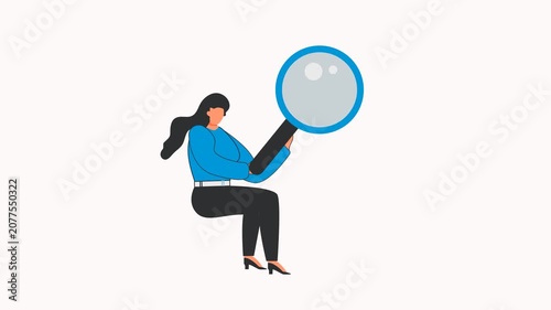 Focused Search: A stylized woman in blue is actively engaged in a search, holding a large magnifying glass to examine something unseen, symbolizing research or investigation.