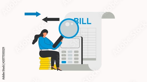 Analyzing Finances: A person examines a bill with a magnifying glass, symbolizing financial analysis and scrutiny, surrounded by coins and a calculator for a detailed look at monetary matters.