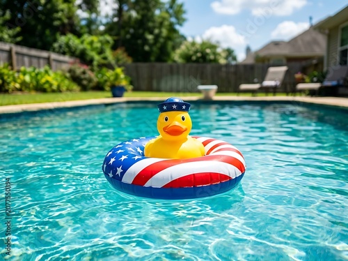 Yellow rubber duck in sailor hat floating in American flag inner tube in a swimming pool on a sunny day