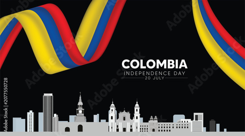 Bild auf Leinwand Colombia flag ribbon with cityscape independence day July 20 vector poster