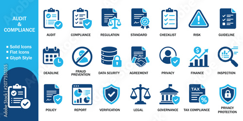 Bild auf Leinwand Audit and compliance regulatory glyph solid icon set