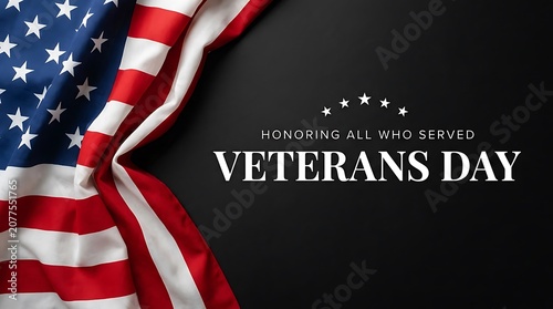 Veterans Day Honoring All Who Served with Waving American Flag on Dark Background