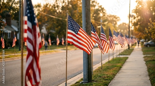 Row of American flags displayed along a suburban street sidewalk at golden hour